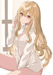 Rule 34 | 1girl, absurdres, between legs, blonde hair, button gap, closed mouth, expressionless, hand up, highres, long hair, long sleeves, looking at viewer, naked shirt, original, parted lips, red eyes, shirt, solo, takehana note, thighs, white shirt
