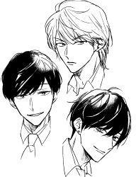 Rule 34 | 3boys, closed mouth, collared shirt, cropped shoulders, dress shirt, earrings, greyscale, hair between eyes, highres, jewelry, looking at viewer, looking to the side, male focus, monochrome, multiple boys, necktie, open collar, original, parted lips, ryuushi, serious, shirt, short hair, simple background, smile, stud earrings, swept bangs, white background