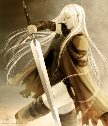Rule 34 | 1girl, absurdres, ami thompson, bad id, bad pixiv id, cape, claymore (series), claymore (sword), closed eyes, highres, irene, long hair, pointy ears, solo, sword, thighhighs, weapon, white hair