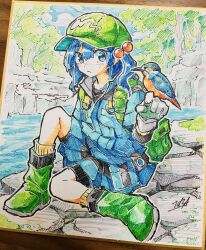 Rule 34 | 1girl, adapted costume, backpack, bag, bird, bird on hand, blue eyes, blue hair, blue jacket, blue skirt, boots, closed mouth, commentary, doggo 1d34, full body, gloves, green bag, green footwear, green headwear, hair bobbles, hair ornament, hatching (texture), highres, jacket, kawashiro nitori, kingfisher, knee up, long sleeves, looking at viewer, medium hair, nature, outdoors, outline, pleated skirt, rock, shikishi, signature, sitting, skirt, socks, solo, touhou, traditional media, tree, two side up, water, white gloves, white outline