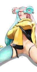 1girl blue_hair bottomless bow-shaped_hair breasts character_hair_ornament closed_mouth covering_crotch covering_privates creatures_(company) game_freak hair_ornament highres iono_(pokemon) jacket large_breasts long_hair multicolored_hair nintendo pink_hair pokemon pokemon_sv purple_eyes pussy_juice sharp_teeth simple_background single_leg_pantyhose sitting sleeves_past_fingers sleeves_past_wrists smile solo split-color_hair steaming_body teeth thigh_strap very_long_hair wariza white_background yellow_jacket yuuyuu_(yuuki1771)