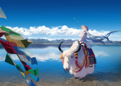 Rule 34 | 1girl, absurdly long hair, absurdres, aqua hair, beach, bird, blue sky, chinese commentary, cloud, commentary, day, dress, closed eyes, flower, hat, hat flower, hatsune miku, highres, horns, lake, long hair, mountainous horizon, neck ribbon, outdoors, reflection, ribbon, riding, scenery, sitting, sky, smile, string of flags, tassel, twintails, very long hair, vocaloid, white dress, wide shot, yak, yellow neckwear, yukiko (snow boy)