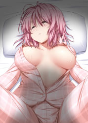Rule 34 | 1girl, ^ ^, bed sheet, blush, breasts, closed eyes, commentary request, hair between eyes, highres, large breasts, long sleeves, lying, navel, no headwear, nori tamago, on back, pajamas, partially unbuttoned, pillow, pink hair, pink pajamas, plaid, saigyouji yuyuko, short hair, solo, spread legs, sweat, touhou