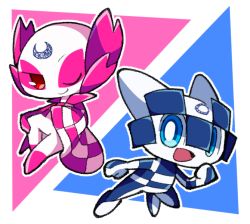 Rule 34 | 1boy, 1girl, 2020 summer olympics, :d, blue eyes, bright pupils, commentary request, katanagi1129, looking at viewer, miraitowa, olympics, one eye closed, open mouth, red eyes, smile, someity, white pupils