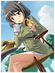 Rule 34 | 1girl, black eyes, black hair, blue sky, blush, bob cut, chair, cloud, crossed legs, cup, day, doughnut, dutch angle, eating, flower, food, food on face, from below, hi-ho-, jacket, katou takeko, looking at viewer, military, military jacket, military uniform, mug, no pants, outdoors, sitting, sky, solo, strike witches, strike witches zero, table, tree, uniform, wisteria, world witches series