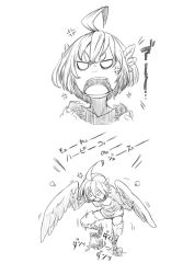 Rule 34 | 1girl, ahoge, anger vein, angry, bad id, bad pixiv id, comic, feathered wings, greyscale, harpy, monochrome, monster girl, nucomas, original, solo, stomping, talons, translation request, winged arms, wings