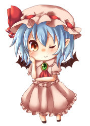 Rule 34 | 1girl, ascot, bat wings, blue hair, brooch, chibi, female focus, hand on own face, hat, hat ribbon, jewelry, kudukimii, looking at viewer, mob cap, one eye closed, pointy ears, red eyes, remilia scarlet, ribbon, short hair, simple background, skirt, skirt set, smile, solo, touhou, white background, wings, wink