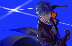 Rule 34 | 1boy, absurdres, aokiku, black jacket, blue background, brown eyes, coattails, collared shirt, dress shirt, fate/grand order, fate (series), fingerless gloves, gloves, grey hair, grin, highres, holding, holding weapon, jacket, japanese clothes, katana, light rays, looking at viewer, male focus, saitou hajime (fate), shirt, short hair, simple background, smile, sword, teeth, upper body, wavy hair, weapon, white shirt