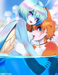 Rule 34 | 1boy, 2023, artist name, beetle, beetle girl, blue eyes, blue hair, blush, bug, fox, furry, furry female, furry male, furry with furry, in water, insect, interspecies, jewel the beetle, nipples, nude, open mouth, pink eyes, smile, swimsuit, tails (sonic), tsampikos, water, wings