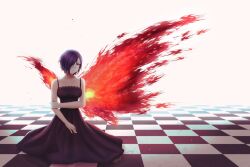 Rule 34 | 1girl, bare arms, bare shoulders, black dress, black sclera, breasts, checkered floor, collarbone, colored sclera, dress, hair over one eye, highres, kagune (tokyo ghoul), kirishima touka, large breasts, mythicat, purple hair, red eyes, red wings, short hair, solo, tokyo ghoul, torn wings, white background, wings
