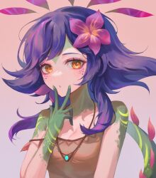 Rule 34 | 1girl, bare shoulders, breasts, brown dress, cleavage, closed mouth, colored skin, dress, flower, freckles, gradient background, green skin, hair flower, hair ornament, hand up, highres, jewelry, league of legends, lizard tail, long hair, medium breasts, multicolored hair, necklace, neeko (league of legends), orange eyes, pink flower, sidelocks, solo, syami (choiimi), tail, upper body, v, v over mouth