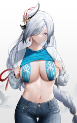 Rule 34 | 1girl, absurdres, alternate costume, breasts, commentary, cowboy shot, denim, genshin impact, gradient background, grey background, hair ornament, head tilt, highres, jeans, large breasts, long braid, long hair, long sleeves, looking at viewer, navel, ofuda, ofuda on nipples, pants, pasties, purple eyes, shenhe (genshin impact), smile, solo, standing, stomach, very long hair, white background, white hair, yuuki mix