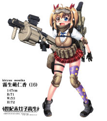 Rule 34 | 1girl, :d, ahoge, assault rifle, blonde hair, blue eyes, bow, elbow pads, fang, full body, gloves, goggles, goggles on head, grenade launcher, gun, gun on back, hair bow, hair intakes, hase yu, heterochromia, holding, holding gun, holding weapon, holster, knee pads, milkor mgl, milkor mgl, open mouth, original, plaid, plaid skirt, revolver grenade launcher, rifle, gun on back, school uniform, single thighhigh, skirt, smile, solo, sweater vest, thigh holster, thighhighs, trigger discipline, twintails, weapon, weapon on back, white background, yellow eyes