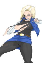 Rule 34 | 1girl, absurdres, android 18, bad id, bad pixiv id, belt, belt buckle, black pantyhose, black shirt, blonde hair, blouse, blue eyes, breast slip, breasts, brown belt, buckle, cameltoe, clenched teeth, cowboy shot, denim vest, dragon ball, dragonball z, earrings, feet out of frame, gluteal fold, highres, jewelry, medium breasts, miniskirt, nipples, pantyhose, puffy areolae, shirt, simple background, skirt, small nipples, solo, sorashu, standing, teeth, torn clothes, torn pantyhose, torn shirt, white background