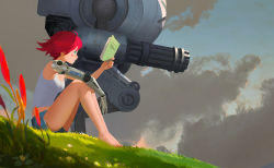Rule 34 | 1girl, absurdres, android, bare legs, barefoot, book, breasts, cloud, commentary, day, denim, denim shorts, from side, grass, green eyes, gun, highres, holding, holding book, medium breasts, original, outdoors, plant, red hair, robot, shirt, short hair, short shorts, shorts, sitting, solo, wang xiao jun, weapon, white shirt