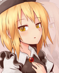 Rule 34 | 1girl, ayagi daifuku, blonde hair, brooch, female focus, hand on own chest, hat, jewelry, lowres, lunasa prismriver, short hair, solo, touhou, upper body, yellow eyes