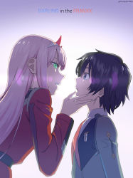 Rule 34 | 10s, 1boy, 1girl, absurdres, black hair, blue eyes, copyright name, darling in the franxx, dress, green eyes, hairband, highres, hiro (darling in the franxx), horns, long hair, long sleeves, looking at another, pink hair, red dress, short hair, uniform, user fzjc8354, white hairband, zero two (darling in the franxx)
