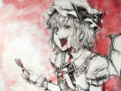 Rule 34 | 1girl, bad id, bad pixiv id, blood, fangs, female focus, fork, hat, knife, monochrome, open mouth, osakana (denpa yun&#039;yun), pointy ears, remilia scarlet, short hair, sketch, solo, spot color, tongue, touhou, wrist cuffs