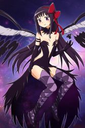 Rule 34 | 10s, 1girl, akemi homura, akuma homura, argyle, argyle clothes, argyle legwear, bare shoulders, black gloves, black hair, black wings, bow, choker, dark orb (madoka magica), dress, elbow gloves, feathered wings, female focus, gloves, hair bow, highres, long hair, looking at viewer, mahou shoujo madoka magica, mahou shoujo madoka magica: hangyaku no monogatari, purple eyes, sat-c, simple background, smile, solo, space, spoilers, thighhighs, thighs, wings