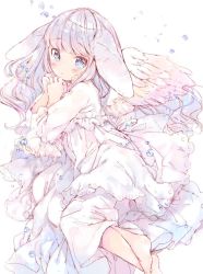 Rule 34 | 1girl, angel, angel wings, animal ears, barefoot, blue eyes, blush, closed mouth, commentary request, dot mouth, dress, feathered wings, grey hair, long hair, looking at viewer, lying, mutou mato, on side, original, own hands together, sketch, solo, white dress, wings