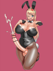 Rule 34 | 1girl, animal ears, areola slip, bar censor, bare shoulders, blaccura, black bow, black bowtie, black footwear, black gloves, blonde hair, blue eyes, bow, bowtie, breasts, censored, cropped legs, cum, detached collar, earrings, ejaculation, erection, facing viewer, fake animal ears, fishnets, full-package futanari, futanari, gloves, half gloves, handsfree ejaculation, high heels, highres, hoop earrings, huge breasts, jewelry, large penis, leotard, long hair, looking at viewer, mole, mole on breast, mole on testicle, mole under mouth, navel piercing, nipple piercing, nipples, one eye closed, open mouth, original, pantyhose, penis, penis piercing, piercing, playboy bunny, plump, pointing, pointing at viewer, pointless censoring, puffy areolae, puffy nipples, rabbit ears, rabbit tail, scrotum piercing, shoes, simple background, smile, solo, standing, standing on one leg, tail, testicles, thick thighs, thighs, tongue piercing, veins, veiny penis, wink