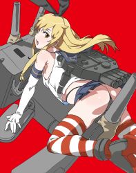 Rule 34 | 10s, 1girl, bad id, bad pixiv id, black panties, blonde hair, cannon, elbow gloves, gloves, hairband, highleg, highleg panties, kantai collection, long hair, matsuba (idiotlantern), panties, personification, rensouhou-chan, shimakaze (kancolle), skirt, sleeveless, solo, striped clothes, striped thighhighs, thighhighs, turret, underwear, weapon, yellow eyes