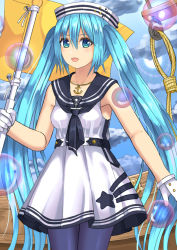 Rule 34 | 1girl, :d, anchor necklace, bad id, bad pixiv id, black pantyhose, black sailor collar, blue eyes, blue hair, blue sky, blush, breasts, bubble, cloud, collarbone, commentary request, day, dress, flag, gloves, hat, hatsune miku, holding, holding flag, jewelry, long hair, looking at viewer, medium breasts, necklace, open mouth, outdoors, pantyhose, rope, sailor collar, sailor dress, sky, sleeveless, sleeveless dress, smile, solo, star (symbol), sun, tukino neru, twintails, very long hair, vocaloid, white dress, white gloves, white hat