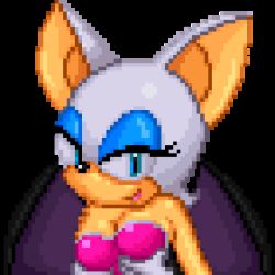 Rule 34 | 1girl, animated, animated gif, bat wings, blinking, blue eyes, bouncing breasts, breasts, cleavage, closed mouth, eyelashes, eyeshadow, furry, gloves, grabbing, grabbing another&#039;s breast, imminent paizuri, large breasts, looking at viewer, lowres, makeup, pixel art, pointy ears, rouge the bat, seductive gaze, seductive smile, sega, smile, solo, sonic (series), sonic (series), wings