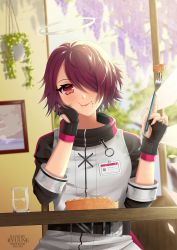 Rule 34 | 1girl, :t, absurdres, arknights, artist name, belt, black belt, black gloves, blush, commentary, cup, drinking glass, exusiai (arknights), fingerless gloves, food, food on face, fork, gloves, hair over one eye, halo, hands up, highres, holding, holding fork, indoors, jacket, long sleeves, looking at viewer, picture frame, pie, plant, purple hair, raglan sleeves, red eyes, ryuuneart, short hair, smile, solo, upper body, white jacket