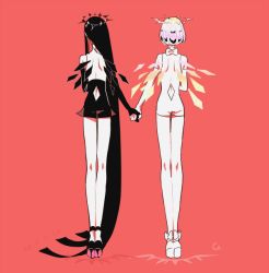 Rule 34 | 10s, 2others, absurdly long hair, androgynous, argyle, argyle clothes, argyle cutout, ass, back, back cutout, bare shoulders, black footwear, black gloves, black hair, black legwear, black skirt, bob cut, bort, bow, clothing cutout, cojima, diamond (houseki no kuni), dress, elbow gloves, from behind, full body, gloves, halo, high heels, holding hands, houseki no kuni, legs together, long hair, miniskirt, multiple others, platform footwear, red background, shadow, shoes, short hair, simple background, skirt, sleeveless, standing, thigh gap, thighhighs, very long hair, white bow, white footwear, wings