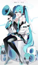 Rule 34 | 1girl, absurdres, bare shoulders, blue eyes, blue hair, blush, breasts, commentary request, detached collar, hair between eyes, hanami haru, hatsune miku, highres, holding, holding megaphone, latex, long hair, looking at viewer, megaphone, miku day, open mouth, sitting, skirt, speaker, teeth, thighhighs, thighs, tongue, upper teeth only, very long hair, vocaloid