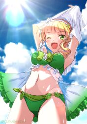 Rule 34 | 1girl, arms up, bikini, blonde hair, blue sky, cloud, cowboy shot, day, green bikini, green eyes, heanna sumire, highres, long hair, love live!, love live! superstar!!, musashiya chougenbou, one eye closed, open mouth, outdoors, sky, smile, solo, standing, stomach, swimsuit, twitter username, undressing