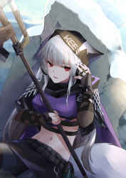 Rule 34 | 1girl, absurdres, animal ears, arknights, beanie, behind cover, black gloves, black hat, black pantyhose, black skirt, breasts, cape, clothes writing, cowboy shot, crop top, e-bushi, ears through headwear, female focus, fox ears, fox tail, frostleaf (arknights), frostleaf (breaking the ice) (arknights), gloves, grey hair, halberd, hat, headphones, highres, holding, holding polearm, holding weapon, implied extra ears, long hair, looking at viewer, midriff, navel, official alternate costume, pantyhose, parted lips, polearm, purple cape, purple shirt, red eyes, rock, shirt, skirt, small breasts, solo, tail, weapon
