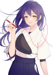 Rule 34 | 1girl, absurdres, blue hair, blue hakama, hakama, hakama skirt, heart, highres, hip vent, japanese clothes, kate iwana, long hair, love live!, love live! school idol festival, love live! school idol project, muneate, parted lips, pen, simple background, skirt, smile, solo, sonoda umi, white background, writing, drawing on fourth wall, yellow eyes