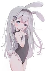 Rule 34 | 1girl, animal ears, black leotard, blush, breasts, finger to mouth, from side, grey eyes, grey hair, hair ornament, hairband, hairclip, highres, iro iro iroo, leotard, long hair, looking at viewer, open mouth, original, rabbit ears, rabbit girl, rabbit tail, small breasts, solo, strapless, strapless leotard, tail, thighs