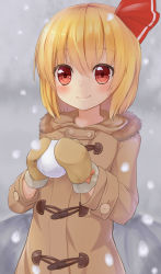 Rule 34 | 1girl, blonde hair, blush, chiroshiron, coat, hair ribbon, highres, looking at viewer, mittens, red eyes, ribbon, rumia, short hair, smile, snowball, snowing, solo, touhou, upper body, winter clothes