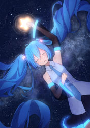 Rule 34 | 1girl, absurdly long hair, arm up, armpits, bare shoulders, black skirt, black sleeves, blue hair, blue necktie, chinese commentary, closed eyes, commentary, detached sleeves, dutch angle, galaxy, glowing, grey shirt, hair ornament, hand on own chest, hatsune miku, highres, holding, holding star, long hair, lying, miniskirt, necktie, neon trim, on back, parted lips, pleated skirt, ripples, shirt, skirt, sky, sleeveless, sleeveless shirt, solo, space, star (sky), star (symbol), star hair ornament, starry sky, twintails, upper body, very long hair, vocaloid, xika xiaofei