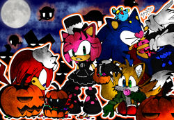 Rule 34 | 1girl, 3boys, amy rose, boots, food, furry, halloween, hat, knuckles the echidna, moon, multiple boys, night, pink hair, pumpkin, sega, short hair, sonic (series), sonic the hedgehog, tails (sonic)