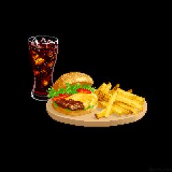 black_background burger cheese cola cup drinking_glass food food_focus french_fries glass ice ice_cube lettuce lowres meat no_humans original pixel_art pixel_zima plate simple_background tomato wooden_plate