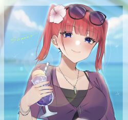 Rule 34 | 1girl, alternate costume, alternate hairstyle, black-framed eyewear, blue eyes, blue sky, blunt bangs, blush, border, bracelet, breasts, cleavage, close-up, closed mouth, collarbone, commentary, cup, day, english text, eyelashes, eyes visible through hair, eyewear on head, flower, glass, go-toubun no hanayome, hair flower, hair ornament, hand up, happy, highres, holding, holding cup, jewelry, kakato 0, large breasts, lens flare, lips, looking at viewer, medium hair, nakano nino, necklace, outdoors, purple shirt, shirt, short sleeves, sky, smile, solo, sparkle, summer, sunglasses, tsurime, twintails, white flower