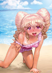 Rule 34 | 1girl, arm support, bare legs, beach, blue sky, blush, breasts, cloud, cloudy sky, collarbone, day, energy kyouka!!, frilled swimsuit, frills, hair between eyes, highres, houjou reona, long hair, looking at viewer, medium breasts, one-piece swimsuit, one-piece tan, open mouth, outdoors, polka dot, polka dot swimsuit, sand, shiny skin, sky, swimsuit, tamatsuyada, tan, tanline, teeth, tongue, tongue out, twintails, upper teeth only, water, wet