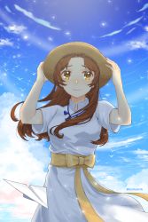 Rule 34 | 1girl, absurdres, artist name, blue sky, bow, brown eyes, brown hair, brown hat, day, dress, flock, hand on headwear, hara (hersheel245), hat, highres, long hair, looking at viewer, original, outdoors, paper airplane, parted bangs, short sleeves, sky, smile, solo, standing, summer, white dress, yellow bow