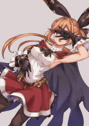 Rule 34 | 10s, 1girl, arm up, armpits, aya shachou, bare shoulders, black gloves, black thighhighs, blush, breasts, brown hair, cape, clarisse (granblue fantasy), covered navel, covering face, gloves, granblue fantasy, green eyes, hair ribbon, long hair, looking at viewer, open mouth, ponytail, ribbon, skirt, smile, solo, thighhighs