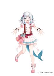 Rule 34 | 1girl, :d, ankle boots, blue eyes, blue hair, boots, buttons, double-breasted, fins, fish tail, full body, gawr gura, grey hair, hair ornament, hairclip, hane yuki, heart, heart hair ornament, hololive, hololive english, layered skirt, looking at viewer, medium hair, miniskirt, multicolored hair, official alternate costume, official art, open mouth, outstretched arms, pink footwear, pink skirt, pleated skirt, puffy short sleeves, puffy sleeves, shark girl, shark tail, sharp teeth, shirt, short sleeves, simple background, skirt, skirt set, smile, solo, standing, streaked hair, tachi-e, tail, teeth, twintails, virtual youtuber, white background, white shirt, white skirt, wrist cuffs