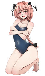 Rule 34 | 1boy, :d, alternate eye color, astolfo (fate), bare arms, bare legs, bare shoulders, barefoot, baretto (karasi07), black bow, blue one-piece swimsuit, blush, body blush, bow, braid, collarbone, commentary request, competition school swimsuit, covered navel, crossed arms, embarrassed, fang, fate/apocrypha, fate (series), feet, full body, furrowed brow, hair between eyes, hair bow, hair intakes, half-closed eyes, highres, kneeling, long hair, looking at viewer, male focus, one-piece swimsuit, open mouth, pink hair, red eyes, school swimsuit, shadow, shiny clothes, simple background, single braid, smile, solo, sweatdrop, swimsuit, trap, white background
