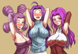 Rule 34 | 00s, 3girls, arm up, armpits, arms behind head, arms up, bad id, bad pixiv id, between breasts, blush, breasts, cleavage, closed eyes, code geass, color connection, cornelia li britannia, creatures (company), crossover, elbow gloves, fantina (pokemon), frown, game freak, gloves, gym leader, idolmaster, idolmaster (classic), idolmaster 1, large breasts, laughing, lipstick, long hair, makeup, miura azusa, multiple crossover, multiple girls, nintendo, one eye closed, pokemon, purple eyes, purple hair, quad tails, sleeveless, sleeveless turtleneck, smile, sweater, turtleneck, wink, yokkora