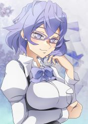 Rule 34 | 1girl, digimon, glasses, mikagura mirei, purple eyes, purple hair, ribbon, solo