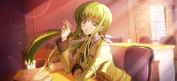 Rule 34 | 1girl, artist request, belt, black necktie, blurry, bokeh, book, breasts, buttons, c.c., code geass, code geass: lost stories, collared shirt, depth of field, double-breasted, female focus, floating hair, game cg, green hair, hair ribbon, hand up, highres, holding, holding pencil, indoors, jacket, leaning forward, light particles, light rays, long hair, long sleeves, looking at viewer, medium breasts, necktie, non-web source, official art, on chair, open book, parted lips, pencil, pencil case, ribbon, school uniform, shirt, sidelocks, sitting, solo, table, teeth, twintails, white ribbon, white shirt, window, yellow eyes, yellow jacket