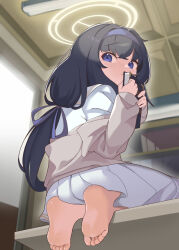 Rule 34 | 1girl, barefoot, black hair, blue archive, blue eyes, blue hairband, blush, book, cardigan, feet, female focus, from behind, from below, hair tie, hairband, halo, highres, holding, holding book, indoors, long hair, looking at another, looking back, sakurami sumi, school uniform, shirt, sidelocks, sitting, sitting on table, skirt, soles, solo, steam, steaming body, toes, ui (blue archive), white shirt, white skirt