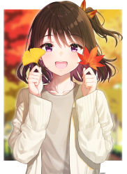 Rule 34 | 1girl, :d, absurdres, arjent, artist name, autumn, autumn leaves, blurry, blurry background, blush, brown hair, cardigan, collarbone, depth of field, ginkgo leaf, grey shirt, hair ribbon, highres, holding, holding leaf, leaf, long sleeves, looking at viewer, maple leaf, multicolored hair, one side up, open cardigan, open clothes, open mouth, original, outdoors, outside border, purple eyes, purple hair, red ribbon, ribbon, round teeth, shirt, short hair, smile, solo, teeth, two-tone hair, upper body, upper teeth only, white cardigan